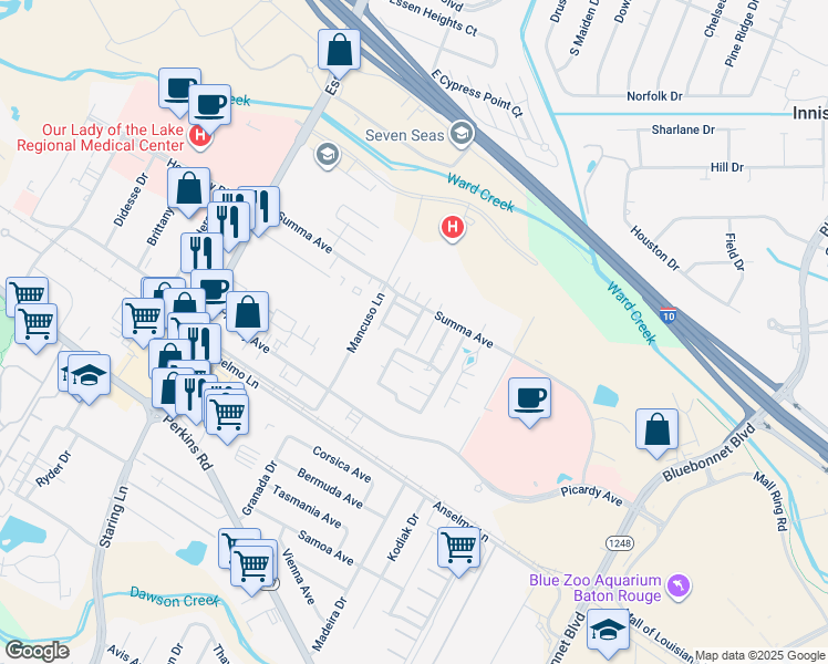 map of restaurants, bars, coffee shops, grocery stores, and more near 5143c Blair Lane in Baton Rouge