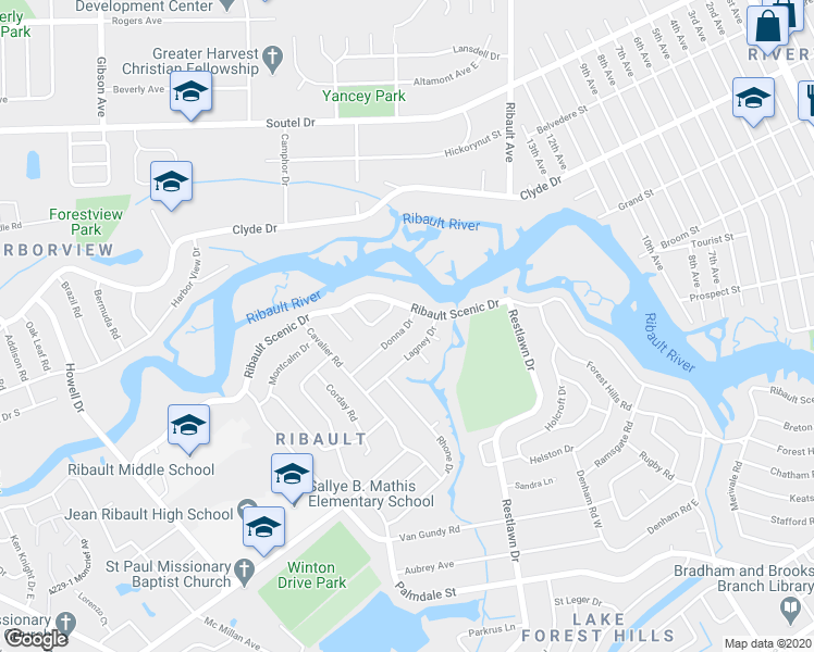 map of restaurants, bars, coffee shops, grocery stores, and more near 2918 Donna Drive in Jacksonville