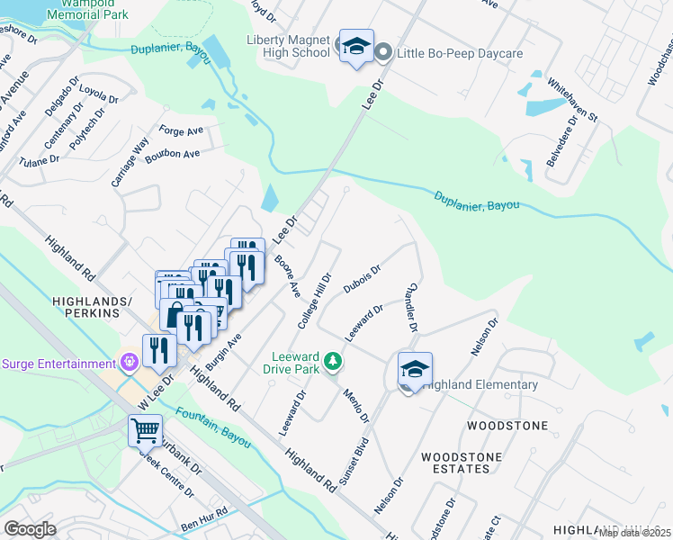 map of restaurants, bars, coffee shops, grocery stores, and more near 646 College Hill Drive in Baton Rouge
