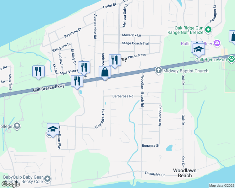 map of restaurants, bars, coffee shops, grocery stores, and more near 5350 Barbarosa Road in Gulf Breeze