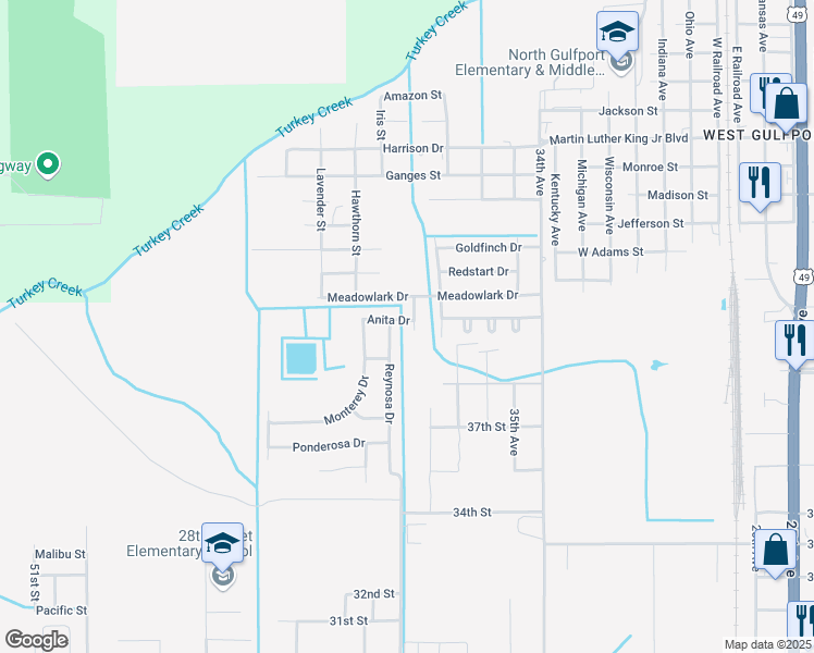 map of restaurants, bars, coffee shops, grocery stores, and more near 104 Robin Court in Gulfport