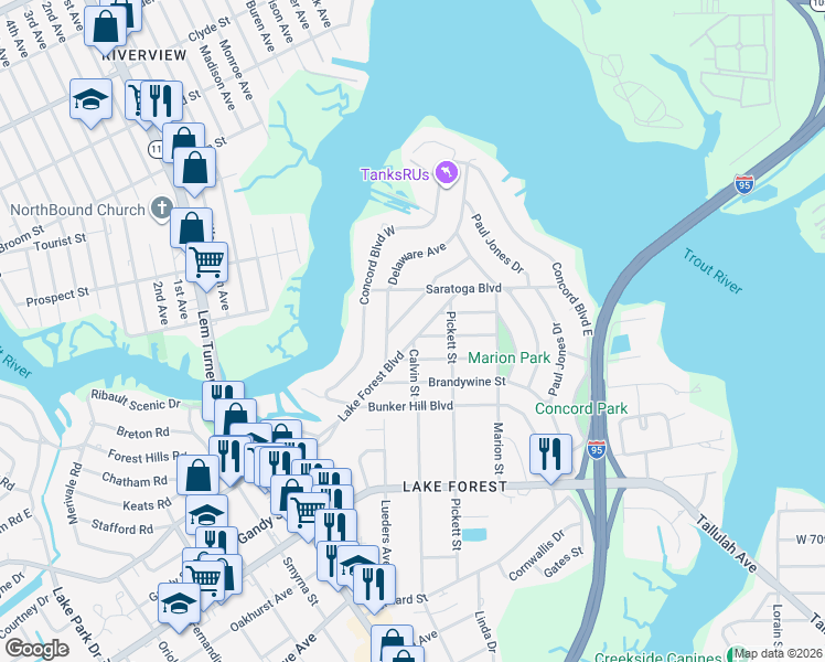 map of restaurants, bars, coffee shops, grocery stores, and more near 1049 Lake Forest Boulevard in Jacksonville