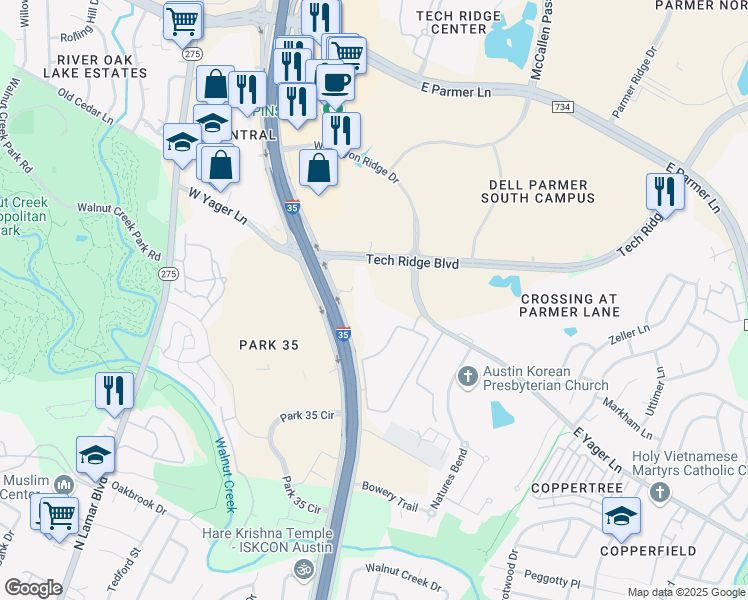 map of restaurants, bars, coffee shops, grocery stores, and more near 12213 Tech Ridge Boulevard in Austin