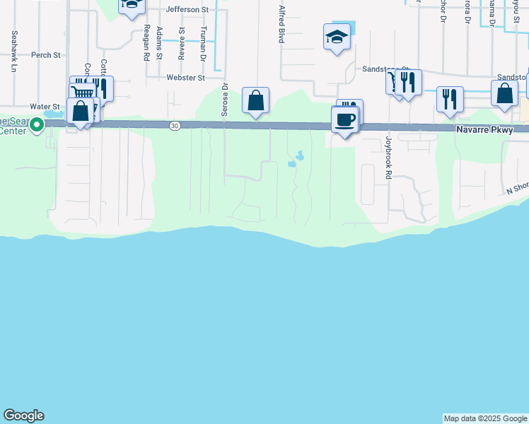 map of restaurants, bars, coffee shops, grocery stores, and more near 1713 Turkey Oak Drive in Navarre