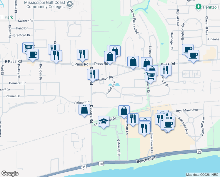 map of restaurants, bars, coffee shops, grocery stores, and more near 248 Debuys Road in Biloxi