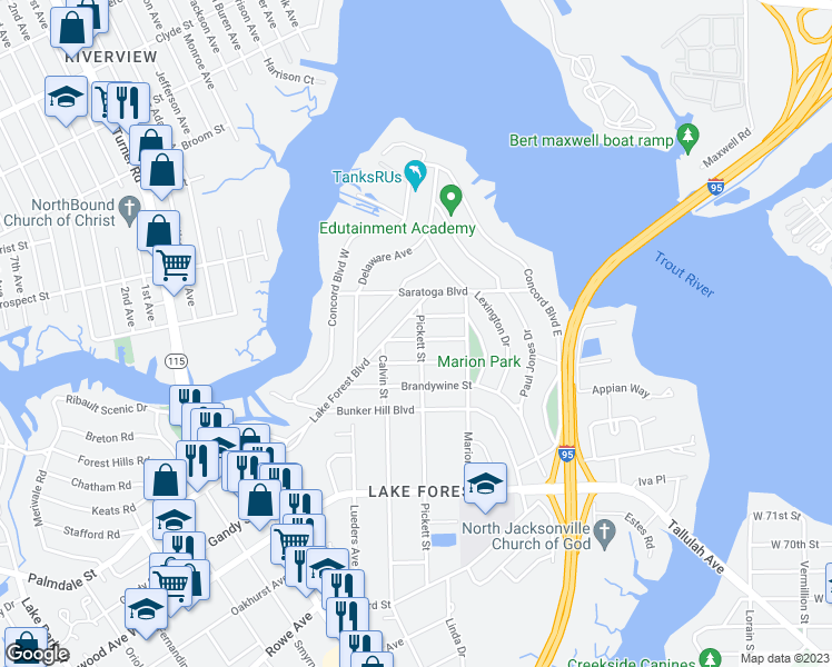 map of restaurants, bars, coffee shops, grocery stores, and more near 1005 Ethan Allen Street in Jacksonville