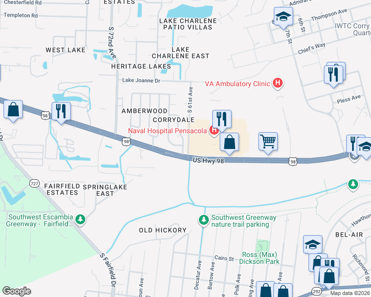 map of restaurants, bars, coffee shops, grocery stores, and more near 570 Quigley Road in Pensacola