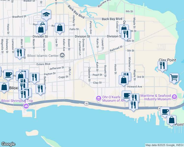 map of restaurants, bars, coffee shops, grocery stores, and more near 420 Pearl Street in Biloxi