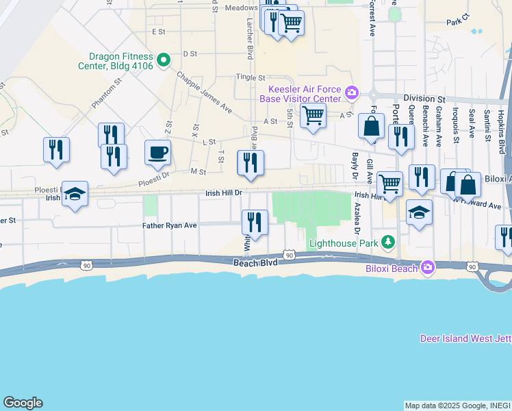 map of restaurants, bars, coffee shops, grocery stores, and more near 174 White Avenue in Biloxi