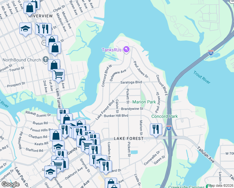 map of restaurants, bars, coffee shops, grocery stores, and more near 1049 Lake Forest Boulevard in Jacksonville