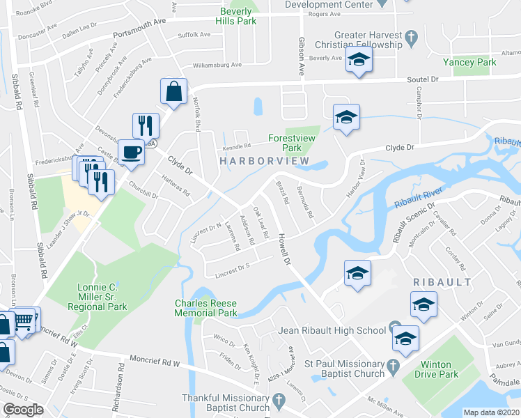 map of restaurants, bars, coffee shops, grocery stores, and more near 8604 Howell Drive in Jacksonville