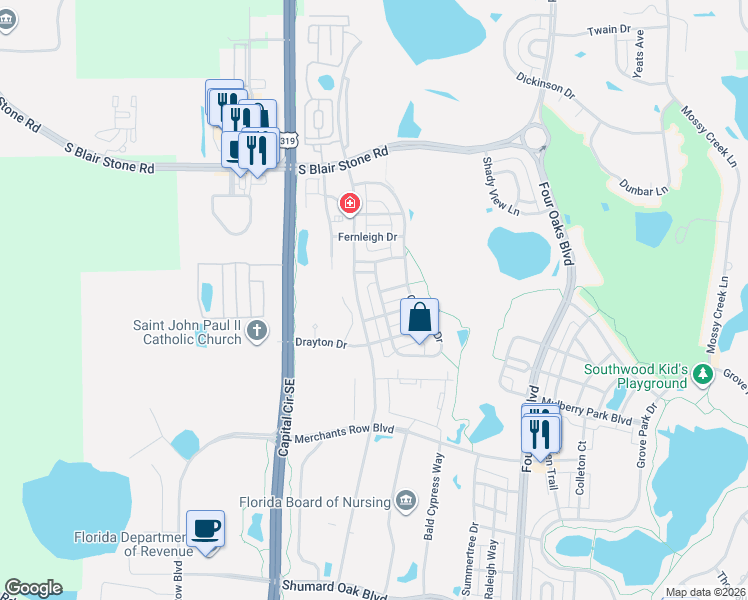 map of restaurants, bars, coffee shops, grocery stores, and more near 3851 Overlook Drive in Tallahassee