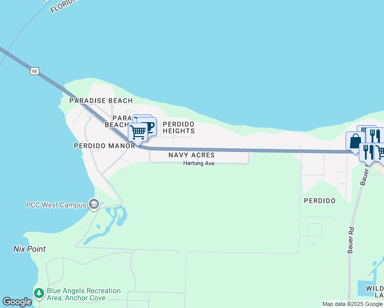 map of restaurants, bars, coffee shops, grocery stores, and more near 12957 Lillian Highway in Pensacola