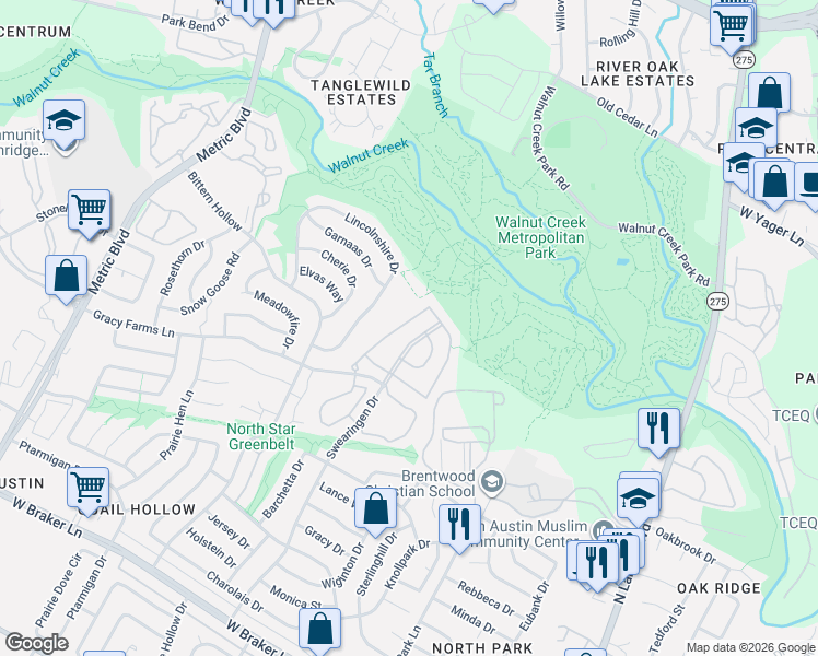 map of restaurants, bars, coffee shops, grocery stores, and more near 12003 Sky West Drive in Austin