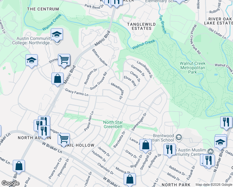 map of restaurants, bars, coffee shops, grocery stores, and more near 11908 Meadowfire Drive in Austin