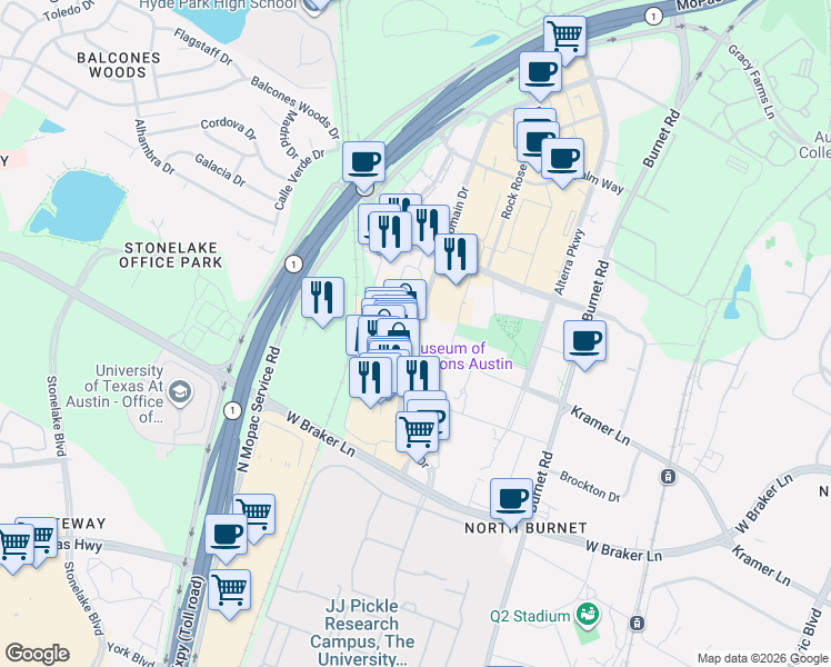 map of restaurants, bars, coffee shops, grocery stores, and more near in Austin