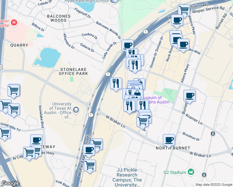 map of restaurants, bars, coffee shops, grocery stores, and more near 11101 North Mopac Expressway in Austin