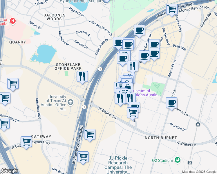 map of restaurants, bars, coffee shops, grocery stores, and more near 10801 North Mopac Expressway in Austin