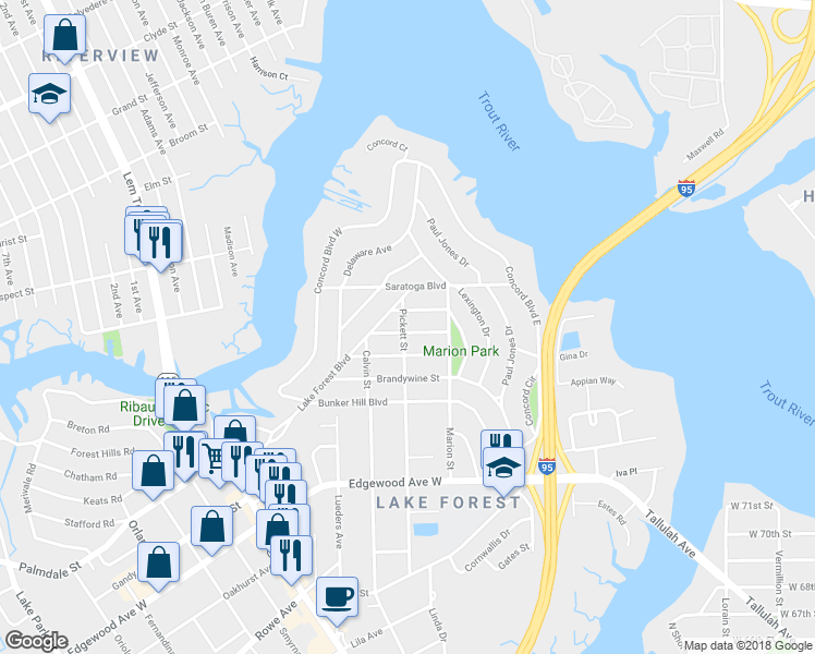 map of restaurants, bars, coffee shops, grocery stores, and more near 963 Ethan Allen Street in Jacksonville