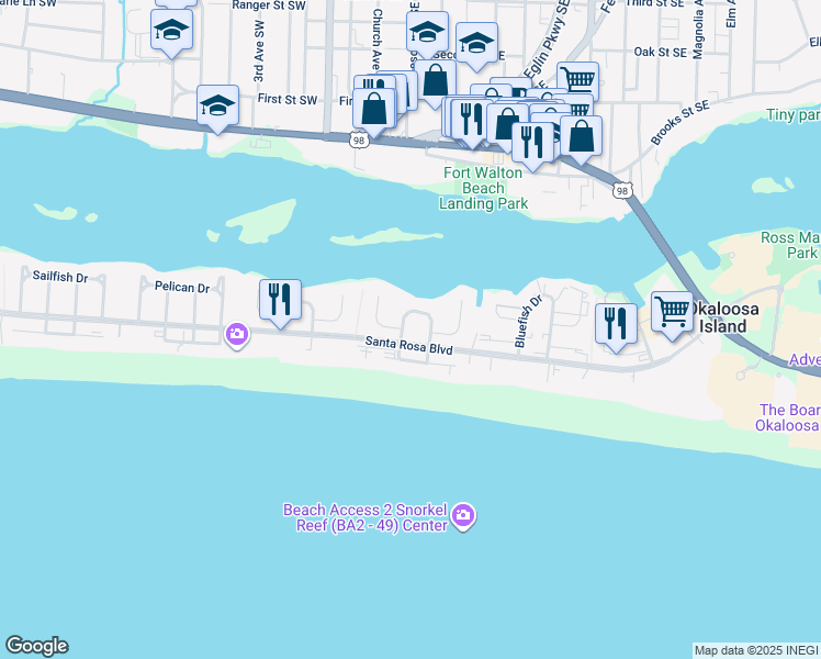 map of restaurants, bars, coffee shops, grocery stores, and more near 447 Caviar Drive in Fort Walton Beach