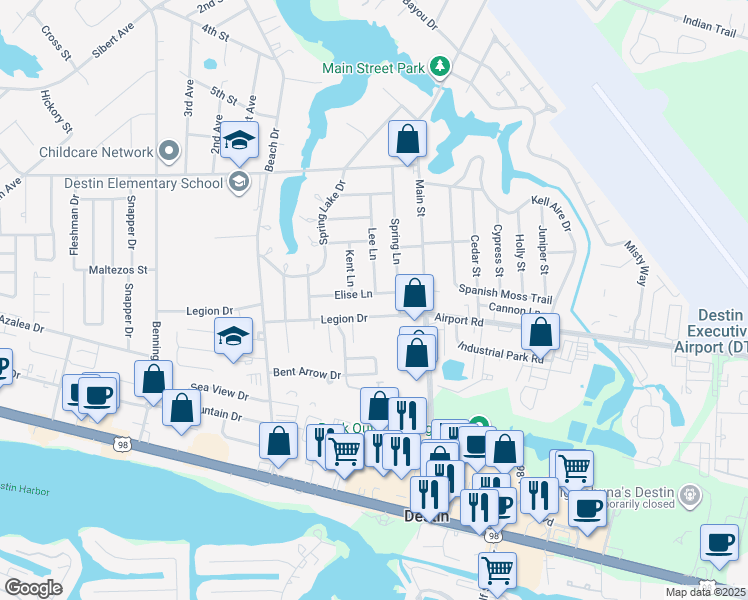 map of restaurants, bars, coffee shops, grocery stores, and more near 718 Elise Lane in Destin