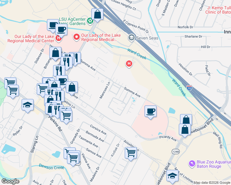 map of restaurants, bars, coffee shops, grocery stores, and more near 5152 Blair Lane in Baton Rouge