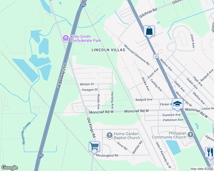 map of restaurants, bars, coffee shops, grocery stores, and more near 6416 Miriam Street in Jacksonville