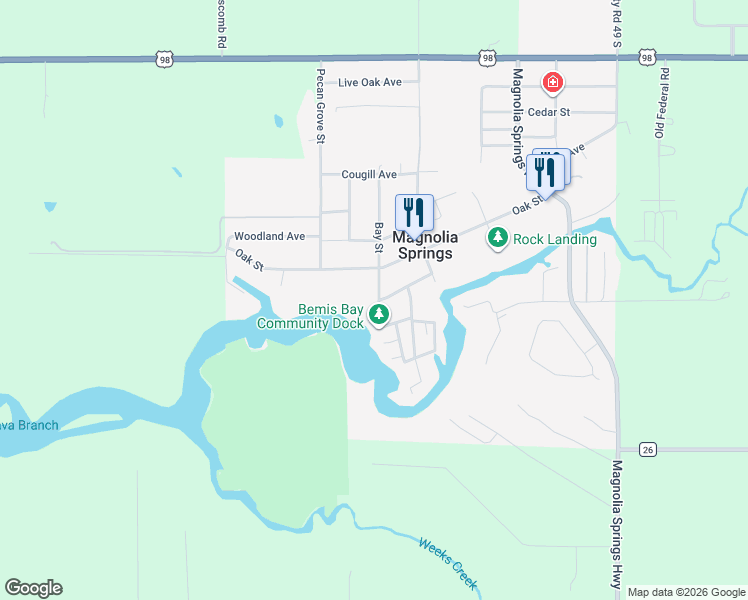 map of restaurants, bars, coffee shops, grocery stores, and more near 11901 Bay St in Magnolia Springs