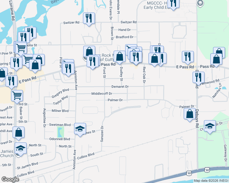 map of restaurants, bars, coffee shops, grocery stores, and more near 2411 Middlecoff Drive in Gulfport