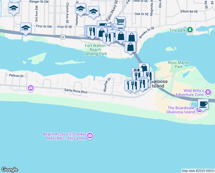 map of restaurants, bars, coffee shops, grocery stores, and more near 363 Bluefish Drive in Fort Walton Beach