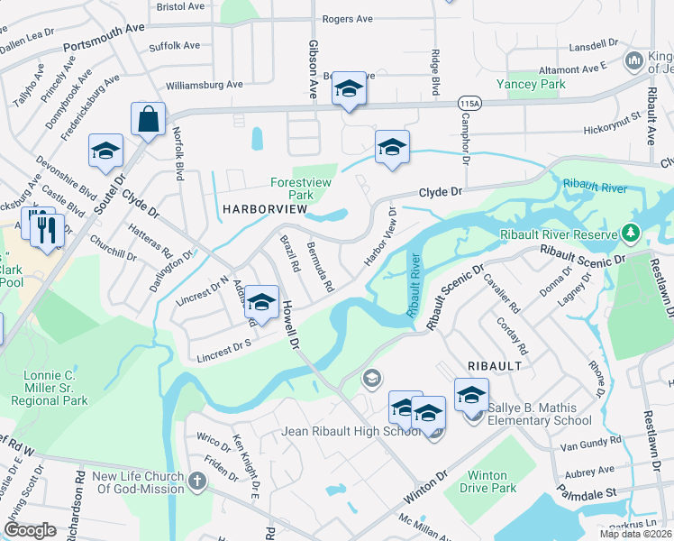 map of restaurants, bars, coffee shops, grocery stores, and more near 8525 Bermuda Road in Jacksonville