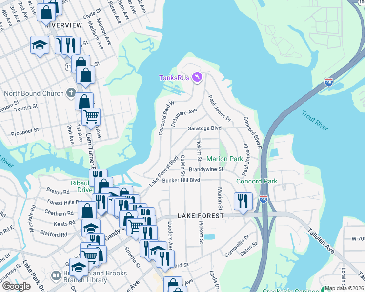 map of restaurants, bars, coffee shops, grocery stores, and more near 1049 Lake Forest Boulevard in Jacksonville