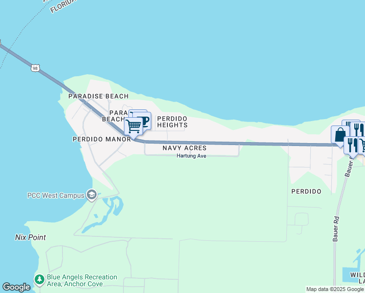 map of restaurants, bars, coffee shops, grocery stores, and more near 12957 Lillian Highway in Pensacola