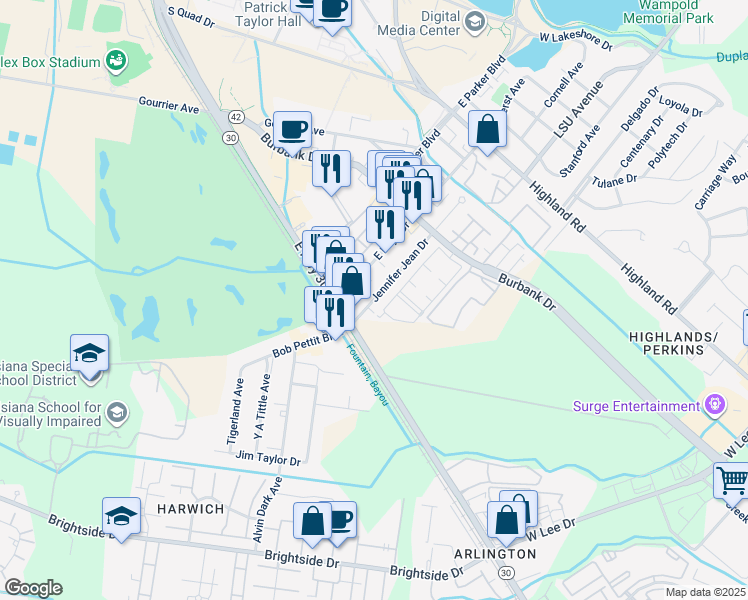 map of restaurants, bars, coffee shops, grocery stores, and more near 825 Jennifer Jean Drive in Baton Rouge