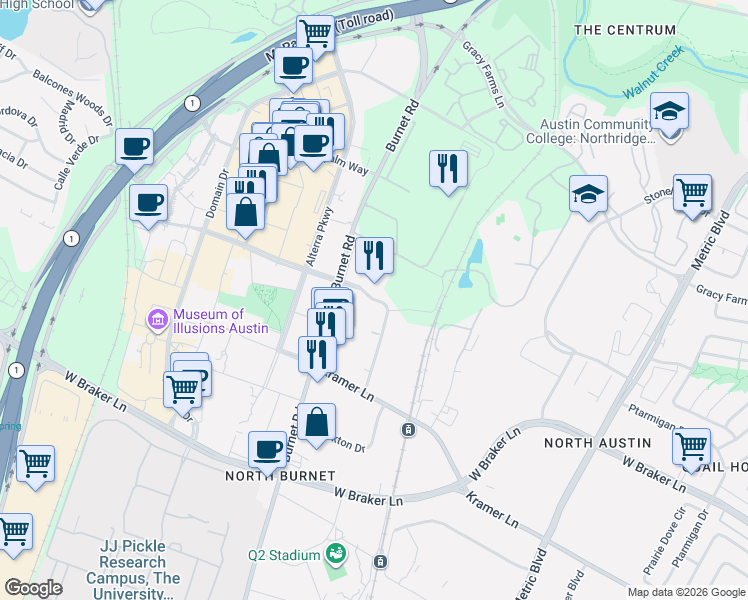 map of restaurants, bars, coffee shops, grocery stores, and more near 2701 Esperanza Crossing in Austin
