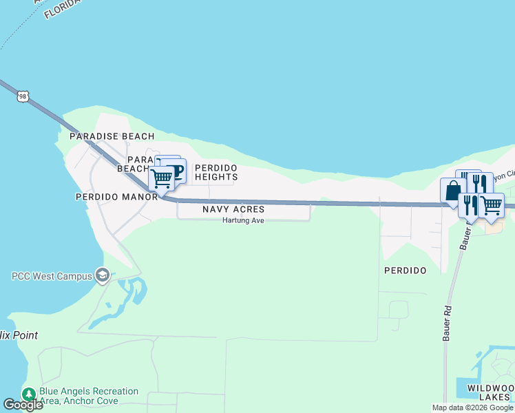 map of restaurants, bars, coffee shops, grocery stores, and more near 12911 Lillian Highway in Pensacola