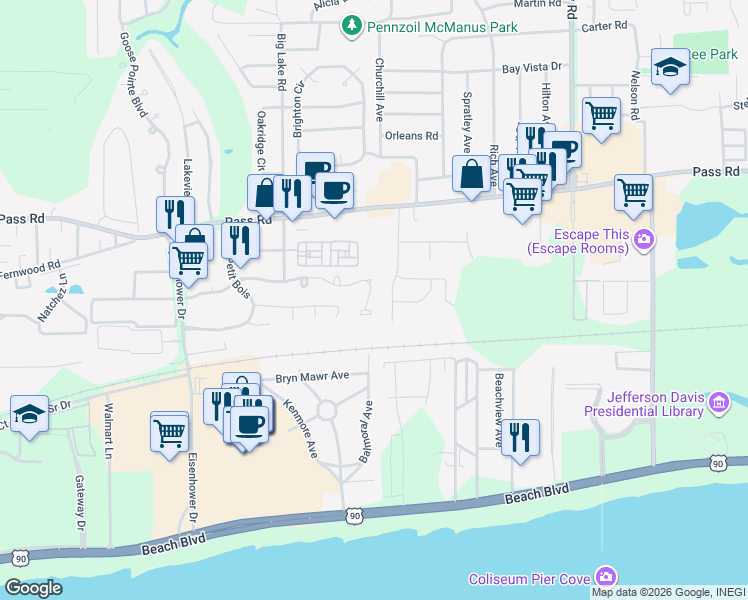 map of restaurants, bars, coffee shops, grocery stores, and more near 2546 Rue Palafox in Biloxi