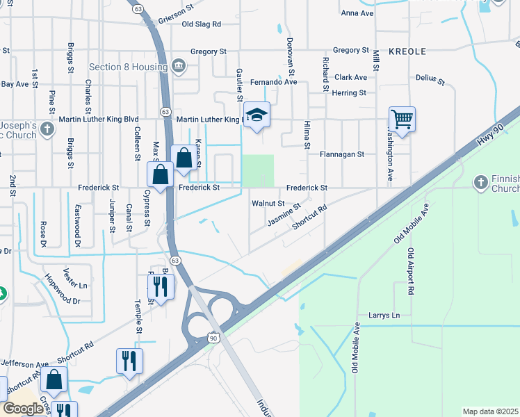 map of restaurants, bars, coffee shops, grocery stores, and more near 3901 Camellia Street in Moss Point