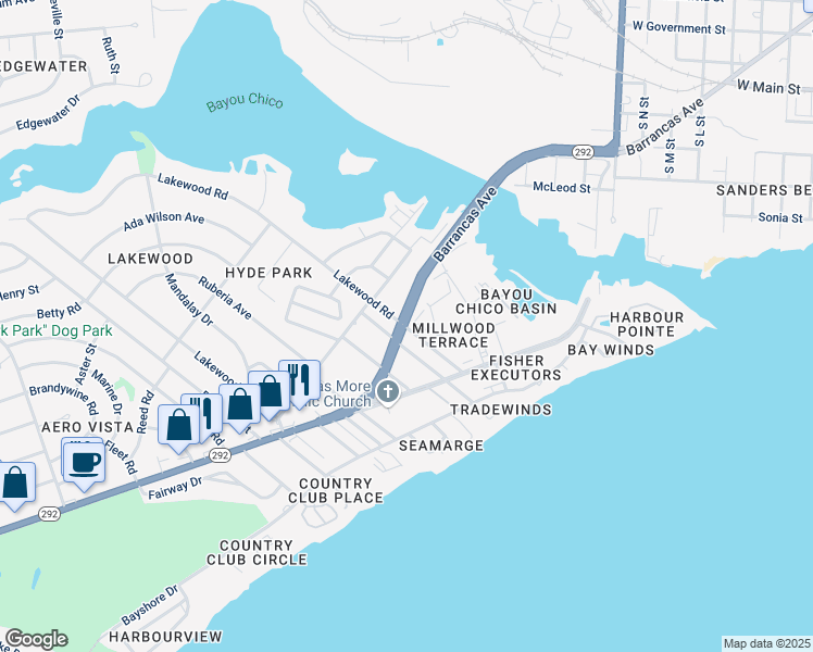 map of restaurants, bars, coffee shops, grocery stores, and more near 250 Weis Lane in Pensacola