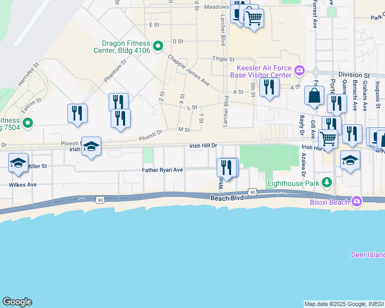 map of restaurants, bars, coffee shops, grocery stores, and more near 172 Saint Jude Street in Biloxi