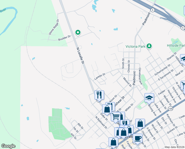 map of restaurants, bars, coffee shops, grocery stores, and more near 1004 Millican Street in Navasota
