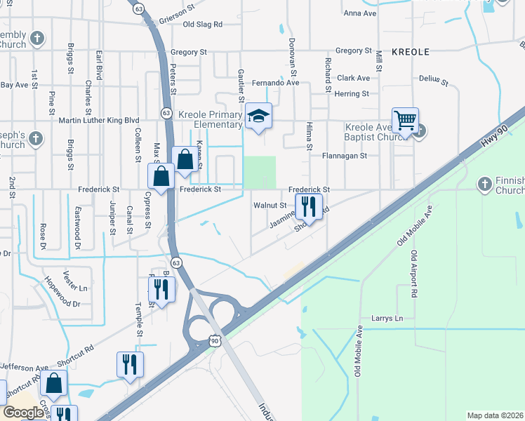 map of restaurants, bars, coffee shops, grocery stores, and more near 3906-3998 Branch Street in Moss Point