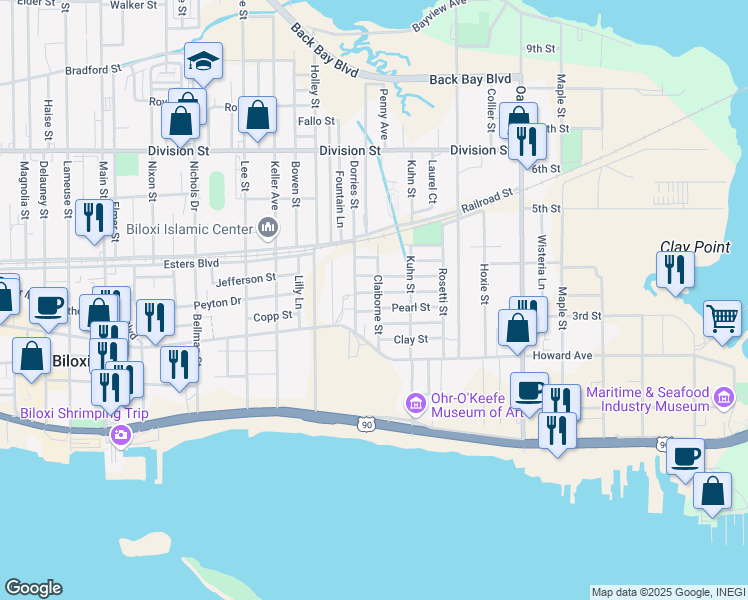 map of restaurants, bars, coffee shops, grocery stores, and more near 420 Pearl Street in Biloxi