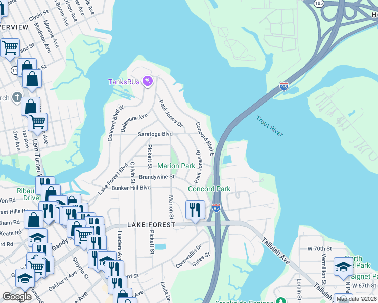 map of restaurants, bars, coffee shops, grocery stores, and more near 8118 Lexington Drive in Jacksonville