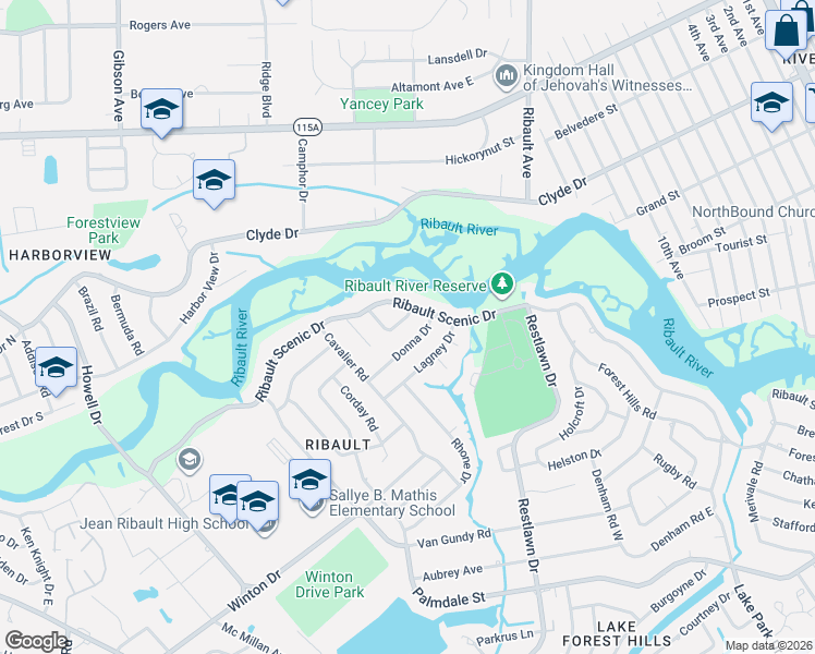 map of restaurants, bars, coffee shops, grocery stores, and more near 2931 Donna Drive in Jacksonville