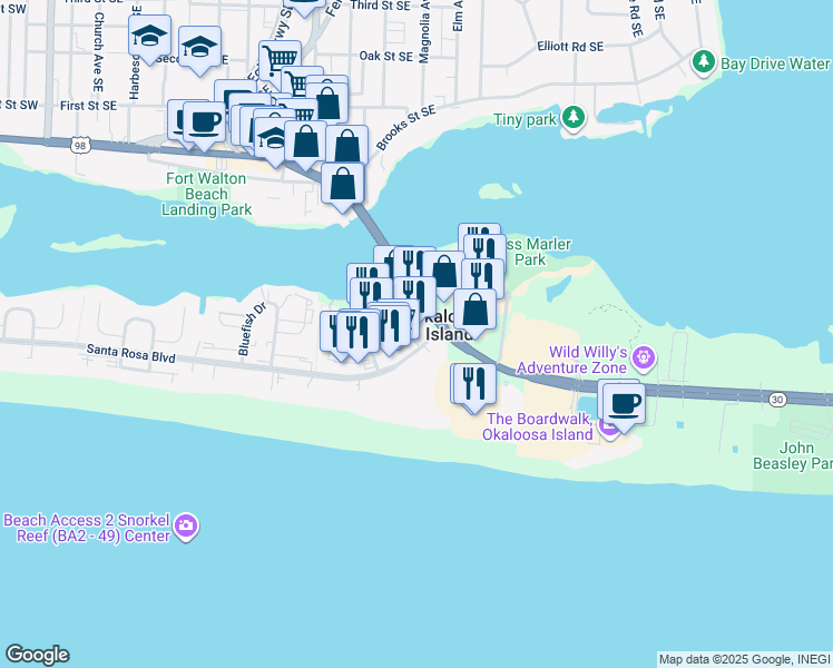 map of restaurants, bars, coffee shops, grocery stores, and more near 104 Santa Rosa Boulevard in Fort Walton Beach