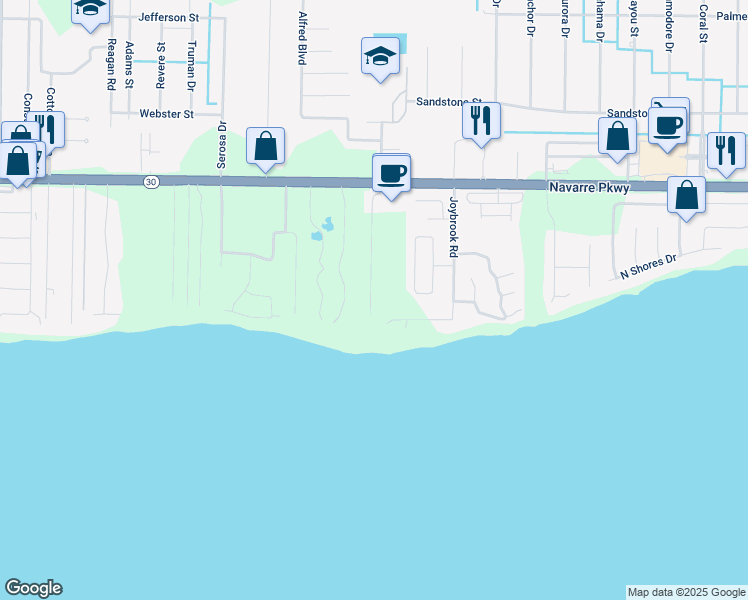 map of restaurants, bars, coffee shops, grocery stores, and more near Soundhaven Court in Navarre