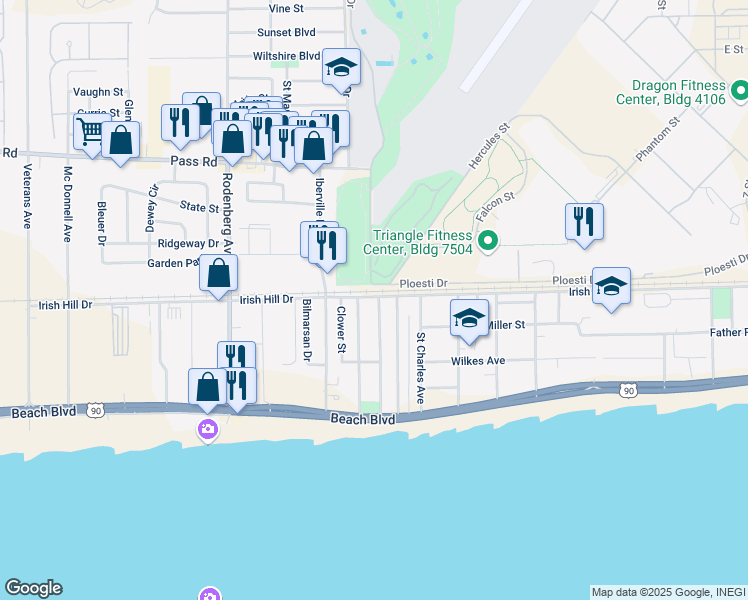 map of restaurants, bars, coffee shops, grocery stores, and more near 186 Acacia Avenue in Biloxi