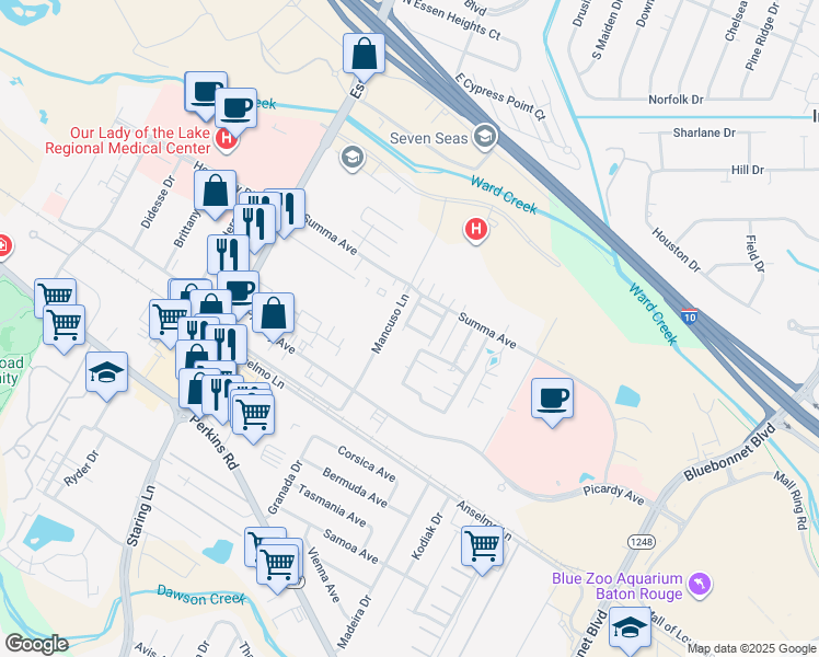 map of restaurants, bars, coffee shops, grocery stores, and more near 5223 Everett Lane in Baton Rouge