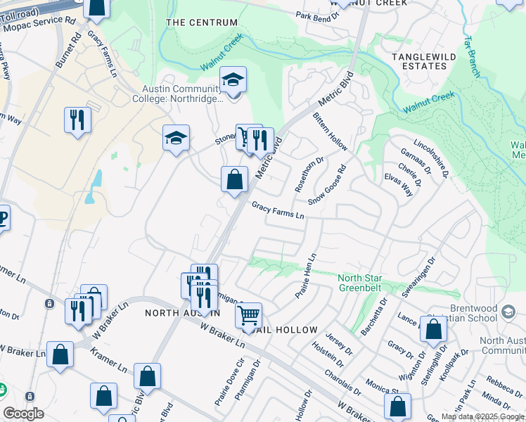 map of restaurants, bars, coffee shops, grocery stores, and more near 1913 Prairie Knoll Court in Austin
